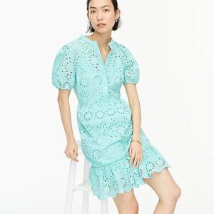 J Crew Puff Sleeve Eyelet Dress Teal Blue Green Short Sleeve Size 8 AW798